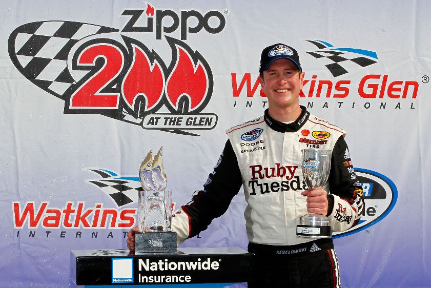 Kurt Busch, driver of the No. 22 Discount Tire/Ruby Tuesday Dodge, celebrates in victory lane after winning the NASCAR Nationwide Series Zippo 200 at Watkins Glen International on Aug. 13 in Watkins Glen, N.Y. Credit: Geoff Burke/Getty Images for NASCAR